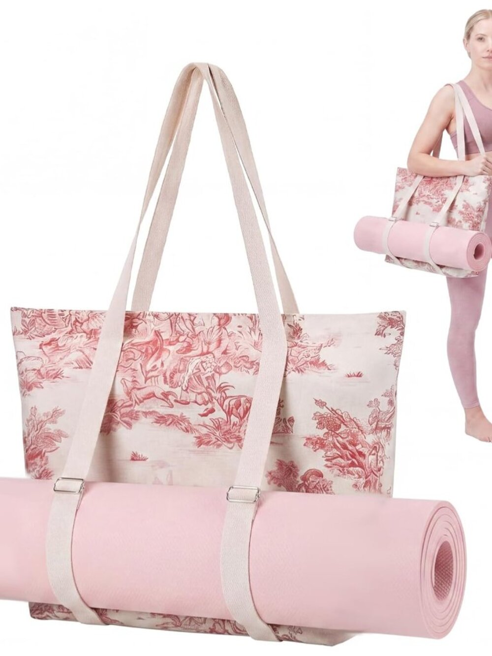 Pink Floral Yoga Mat Gym Bag Pink Toile Yoga Tote Bag for Women Vintage Boho Fre